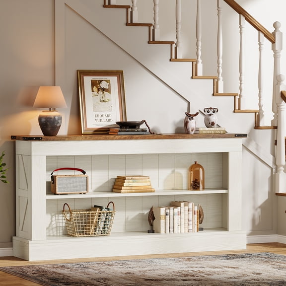 Finmind 63 Inch  Console Table with Shelf, Narrow Long EntrywayTable, Farmhouse Sofa Console Behind Couch, for Foyer, Hallway Living Room, White and Brown