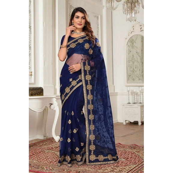 Designer Navy Blue Resham Zari Embroidery Net Saree