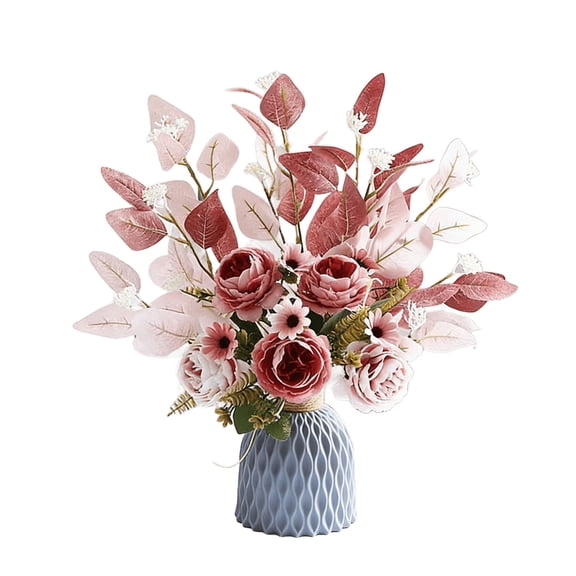 COM1950s Artificial Flowers Bouquet With Vase, Faux Silk Peony for Home Decor, Realistic Fake Roses Arrangement for Table Centerpiece Wedding Party Gift
