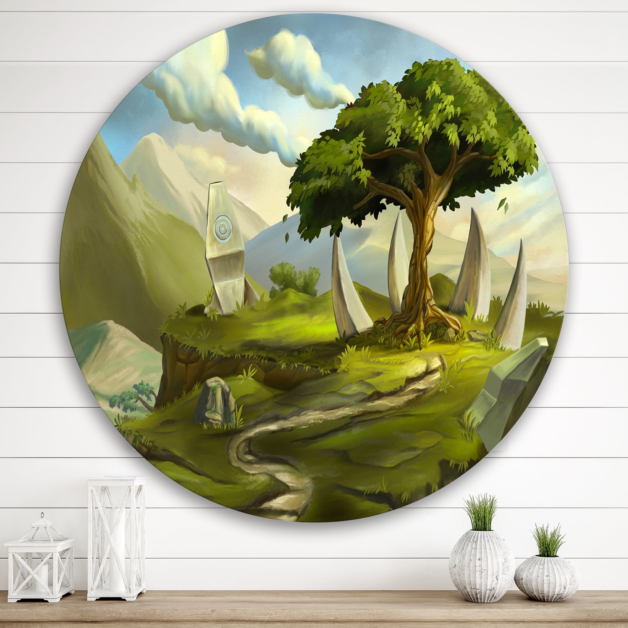 Designart 'Sacred Tree In A Fantasy Green Landscape' Traditional Circle Metal Wall Art 29x29 - Disc of 29