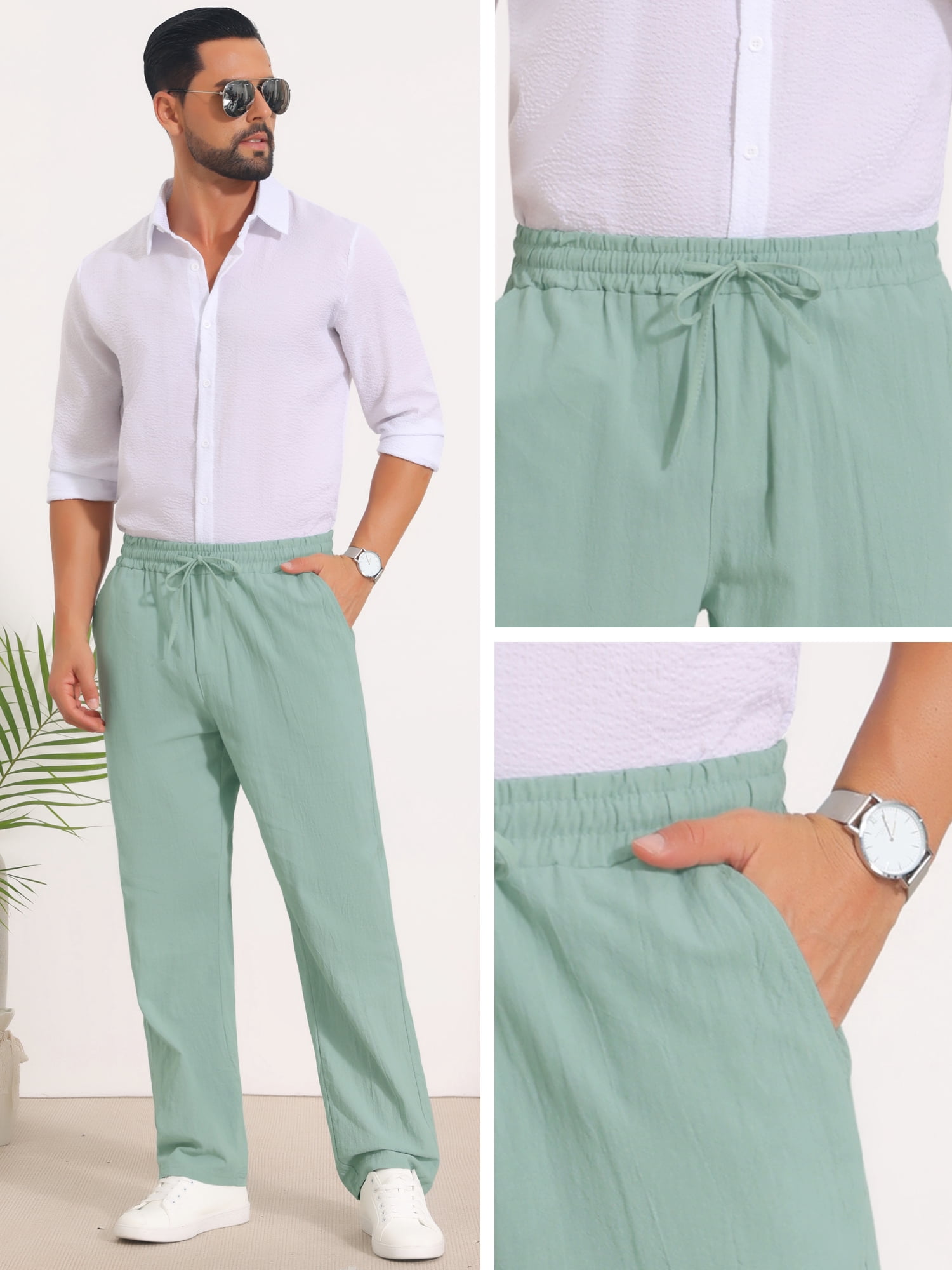 DARING DIVA Men's Beach Pants Drawstring Waist Breathable Summer Linen Pants 36 Green