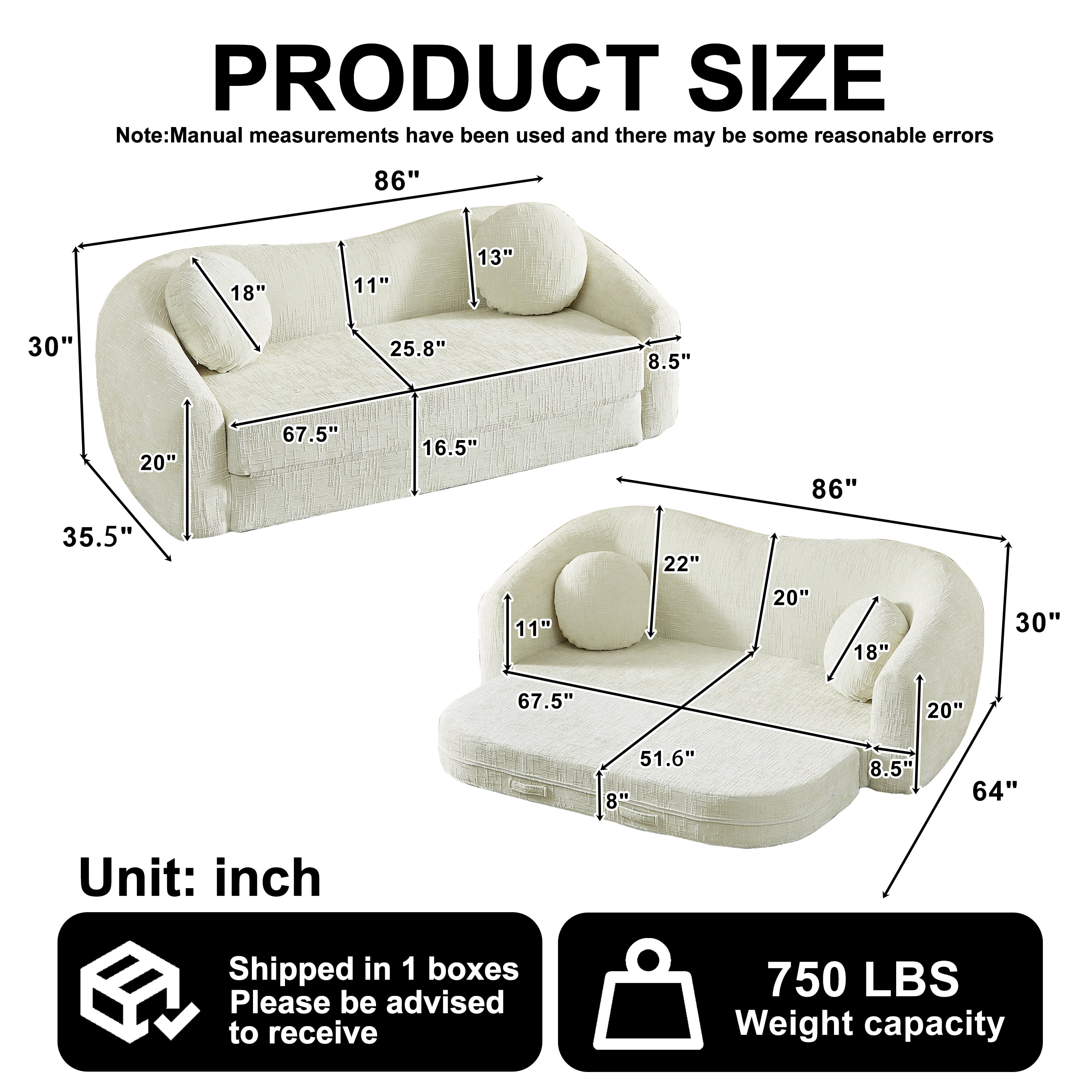 Leumius 87" Convertible Futon Sofa Bed, Corduroy Curved Boneless Couch with High Backrest, 2-in-1 Fold-Out Sleeper Sofa with Pull-out Couch Bed,Beige-Round Pillow