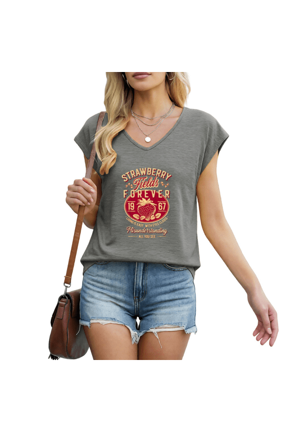 Women's Strawberry Fields Forever 1967 Retro Fruit Graphic V-Neck Sleeveless T-Shirt Vintage Casual Style