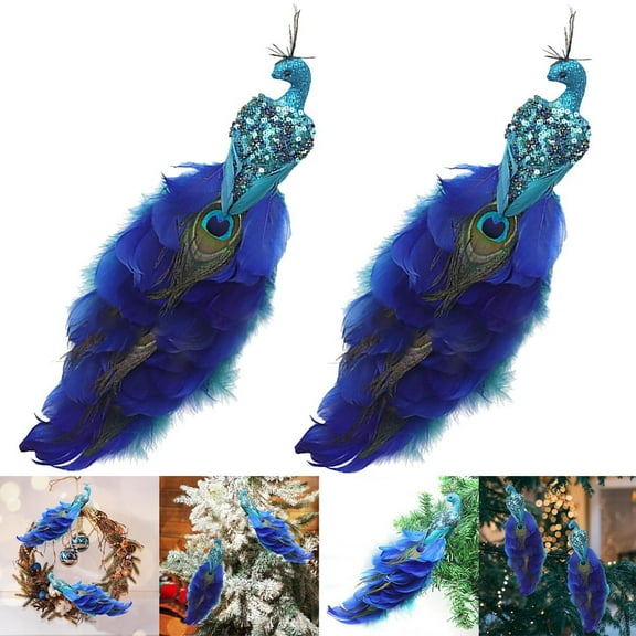JIAN YA NA Artificial Peacock Christmas Ornaments, Glittered Peacock Birds Clip Ornament with Feathers, Christmas Tree Decorations (Blue, 2 Pack)
