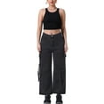 thumbnail image 2 of INSPIRE CHIC Women's Jeans Baggy Wide Leg Mid Rise Cargo Pockets Casual Denim Pants S Black, 2 of 6
