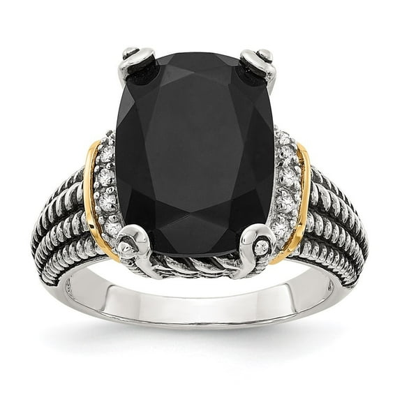 Auriga 925 Sterling Silver and Gold Black Onyx and White Diamond Engagement Ring Size 6 for Women