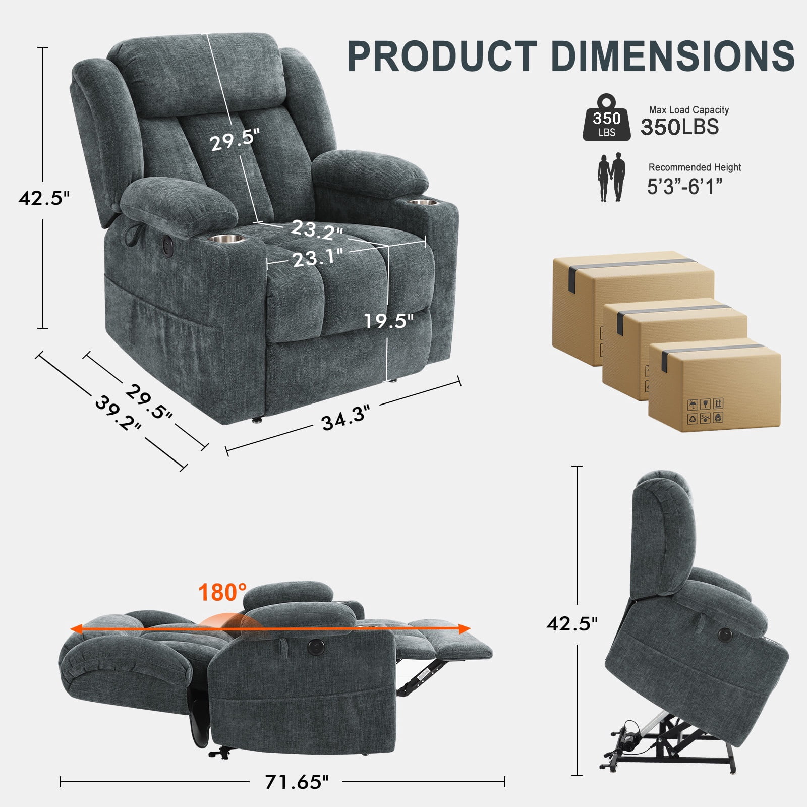 WACASA Lay Flat Recliner Chair with Heat and Massage, Dual Motor Lift Chairs for Elderly with Cup Holder, USB Ports, Oversized Power Recliners for Adults-Gray Blue