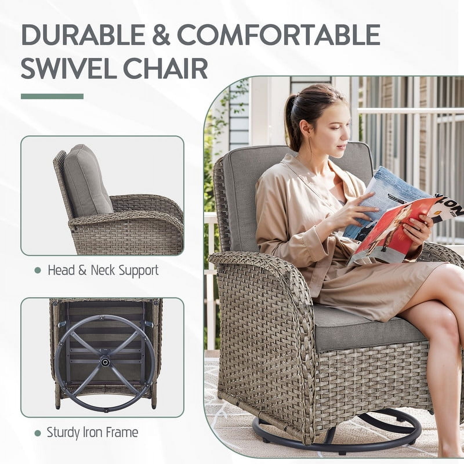 PARKWELL 7-Piece Outdoor Patio Conversation Set,Wicker 6-Seat High Back Furniture with Glider Loveseat, Swivel Gliders, Ottomans and Coffee Table,Gray Wicker Gray Cushions