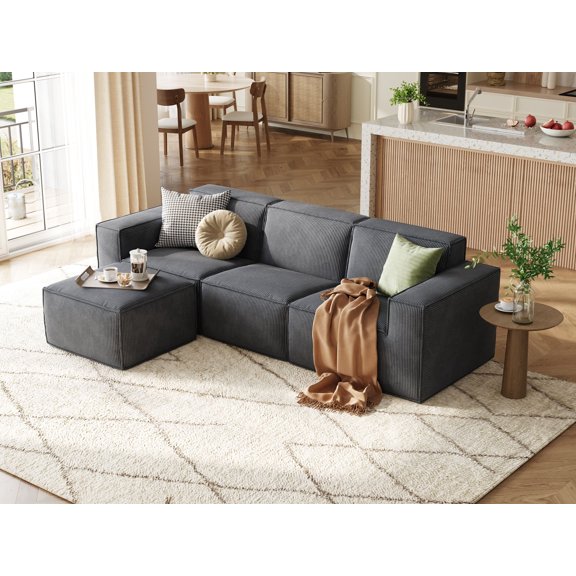 LINSY HOME Modular Cloud Sectional Sofa for Living Room, L-Shaped Sofa Couch with Corduroy Fabric, 3 Seat Oversized Sofa with Movable Ottoman, Blue Gray