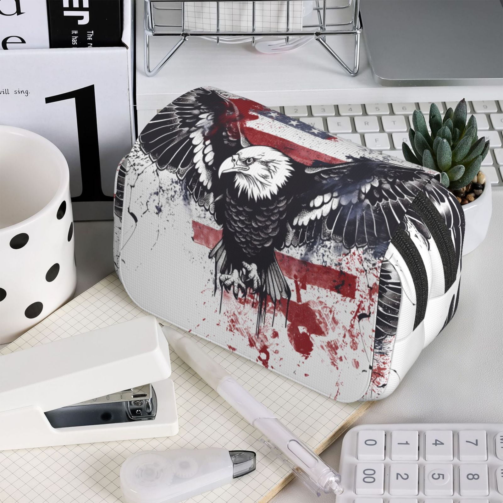 Rateoe American Flag Eagle Art Pattern Double Clamshell Pen Case, Storage Organizer with Two Zipper Compartments– Holds Up to 50 Pencils & Pens
