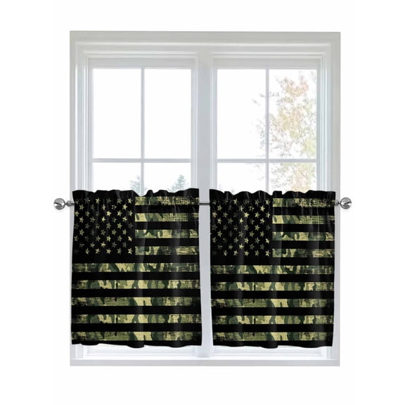 Half Window Curtain 36 Inches Long, Green Camouflage American Flag Window Treatment Curtain Drapes, Wooden Grain Small Tier Curtains for Bathroom Over Sink, 27.5"x36", 2 Panels