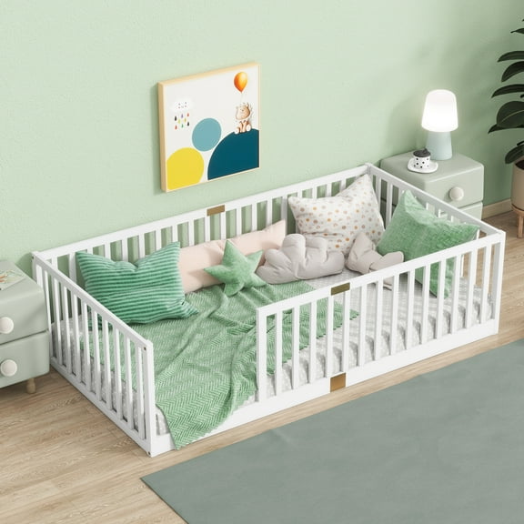 Miniyam Twin Size Floor Bed with High Safety Fence for Kids, White