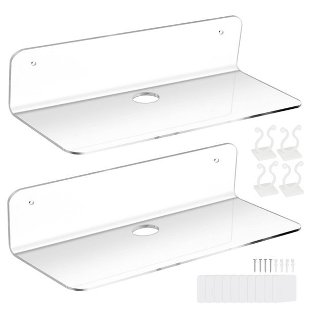 2 estantes de pared, estante flotante sin taladrar, fácil de ampliar la superficie de la pared, estante acrílico con clips para cables para dormitorio, sala de estar, baño, cocina, transparente