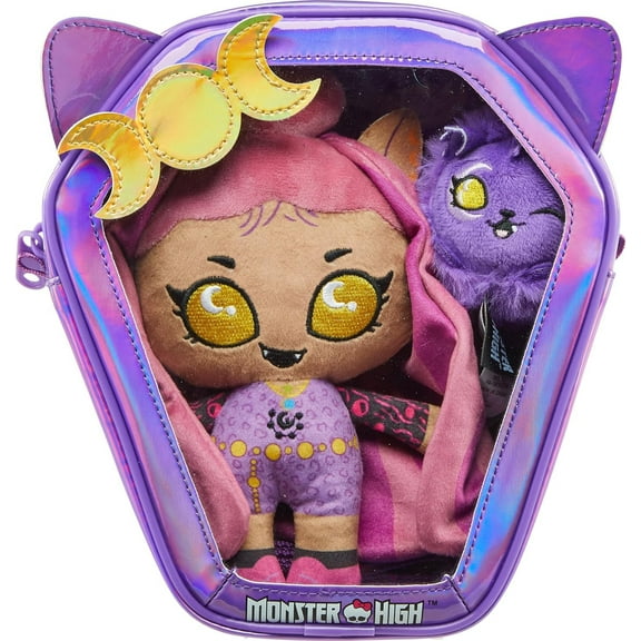 Monster High Ghoul N Go Clawdeen Wolf & Crescent Plush Dolls in Small Backpack