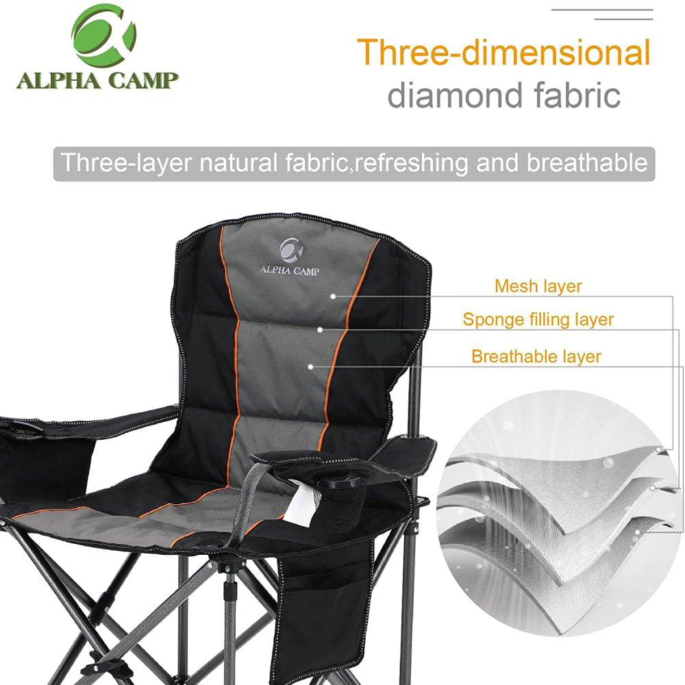 ALPHA CAMP Oversized Camping Folding Chair Padded Quad Arm Chair Heavy Duty Support 450 LBS Oversized Steel Frame Collapsible Lawn Chair with Cup Holder Quad Lumbar Back Chair Portable for Outdoor