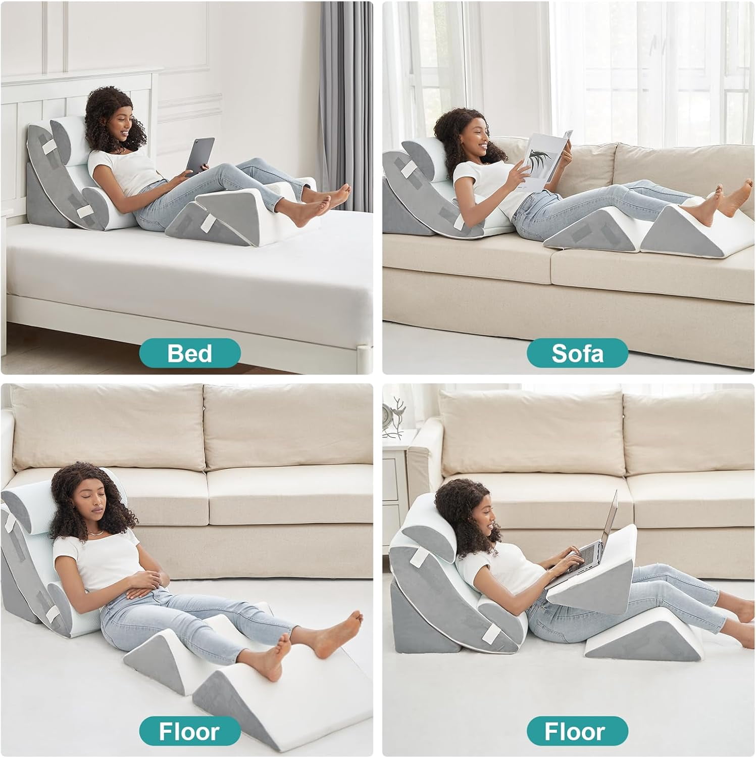 6PCS Orthopedic Bed Wedge Pillow for Sleeping, Adjustable Post Surgery Pillow Set for Body, Back and Leg Pain Relief, Memory Foam Support Pillows for After Surgery, White