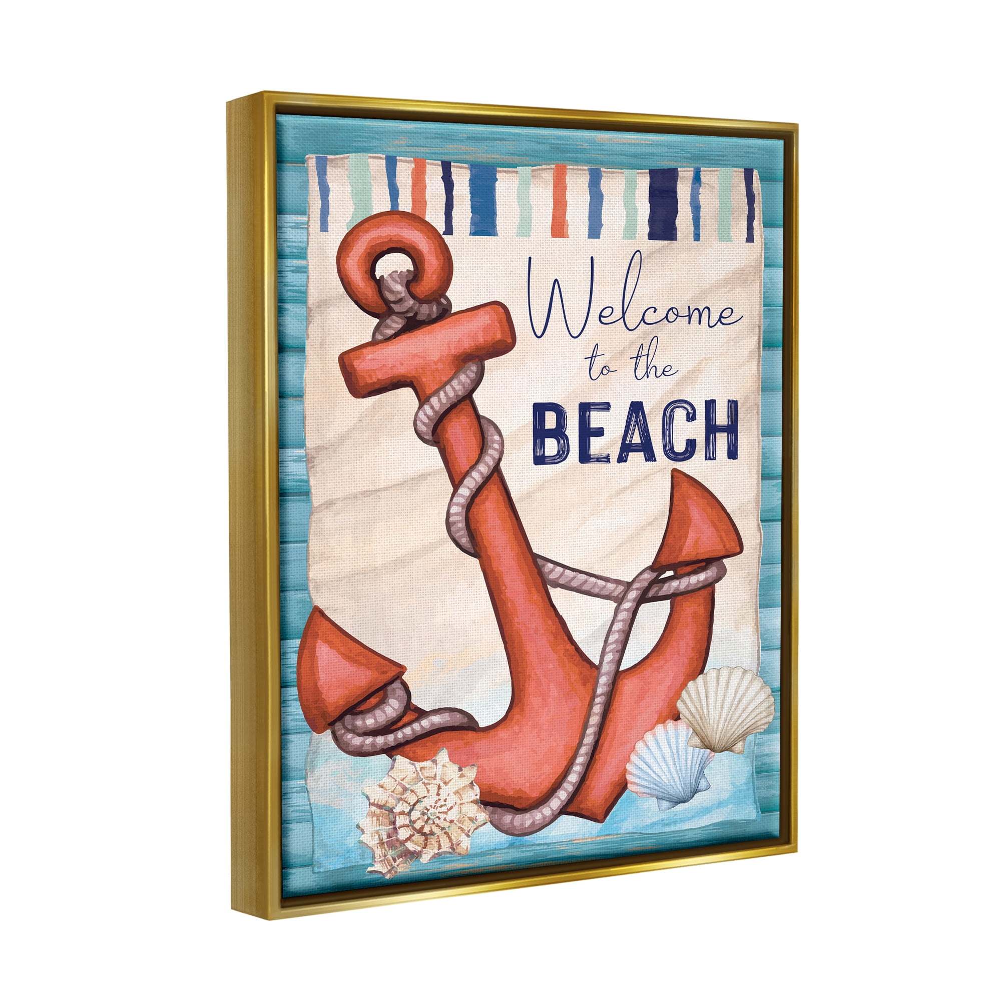 Stupell Welcome To Beach Nautical Anchor Stripes Landscape Painting Gold Floater Framed Art Print Wall Art