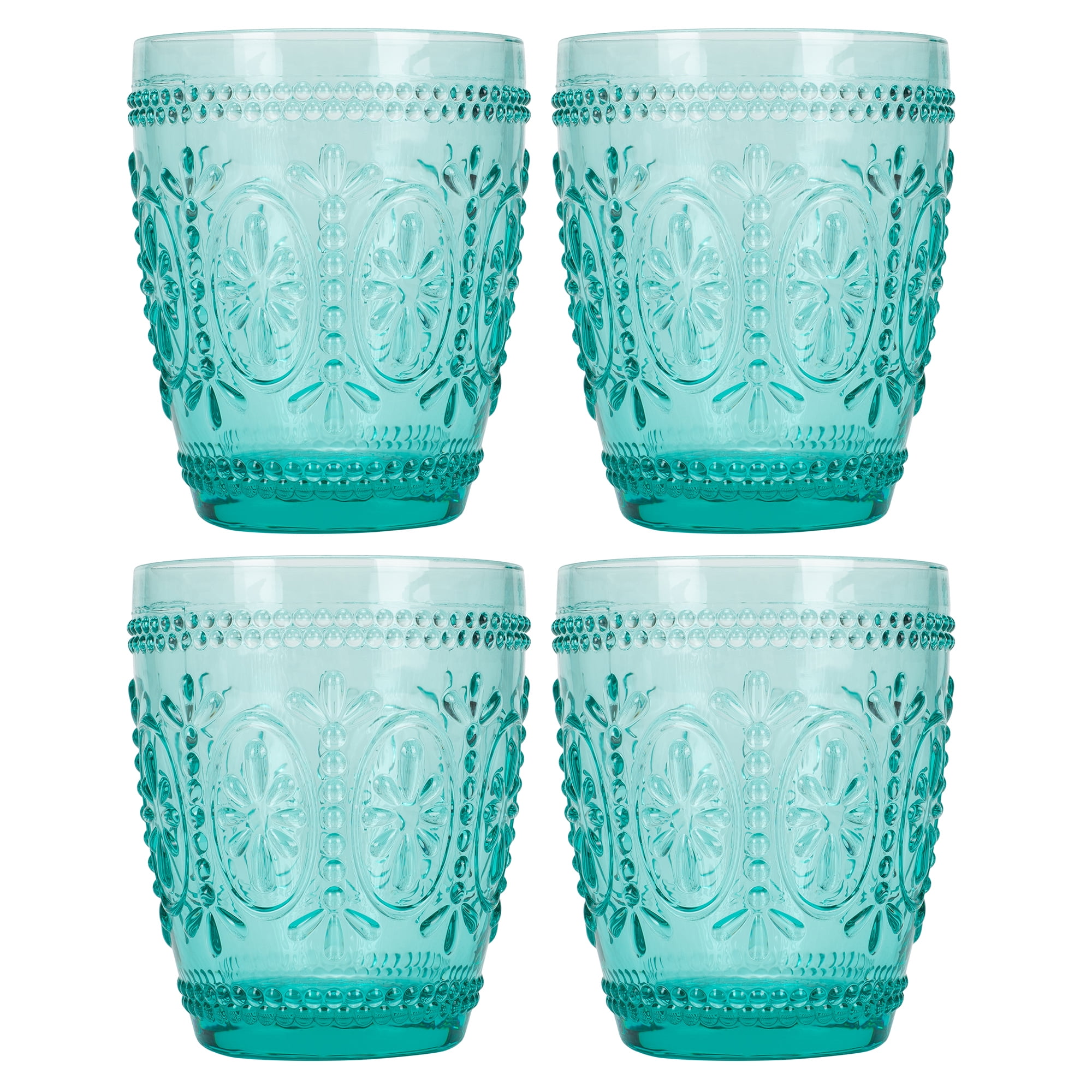 Aqua Blue Vintage Floral 4 x 3 Glass Tumbler Set 2