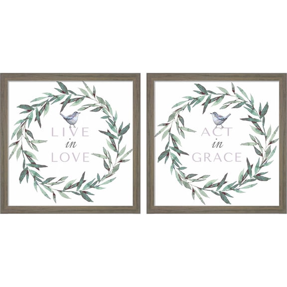 Great Art Now Live in Love & Act in Grace by Elizabeth Tyndall, 2 Piece Framed Art Set Each 13"W x 13"H