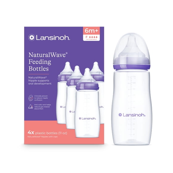 Biberones Anticólicos Lansinoh para Bebés Lactantes, 325 ml, Paquete de 4, con 4 Tetinas de Flujo Rápido, Talla F