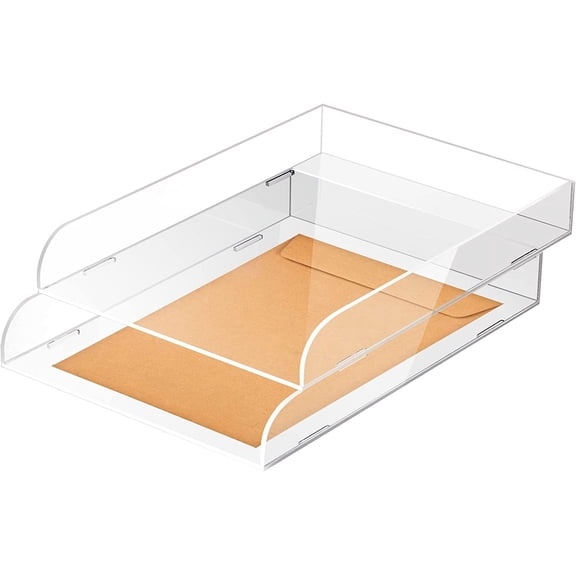 Elavain 2 Pack Stackable Acrylic Paper Tray, Clear Letter Tray with White Edges, Paper Trays for Classroom, Office Organization, Desk Accessories & Workspace Organizers | Fits Letter & A4 Size Papers