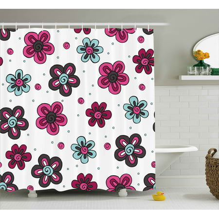 Floral Shower Curtain, Cute Florets Buds Kids Girls Stylish Pattern Summer Beauty Art Print, Fabric Bathroom Set with Hooks, Magenta Grey Pale Blue, by