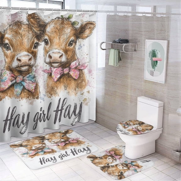 Hay Girl Hay Cow Shower Curtain Sets 4 Piece Rug Toilet Lid Cover And Non-Slip U Shape Mat Cow Decor Waterproof Personality Pattern Bath Curtains for Bathtub Decor