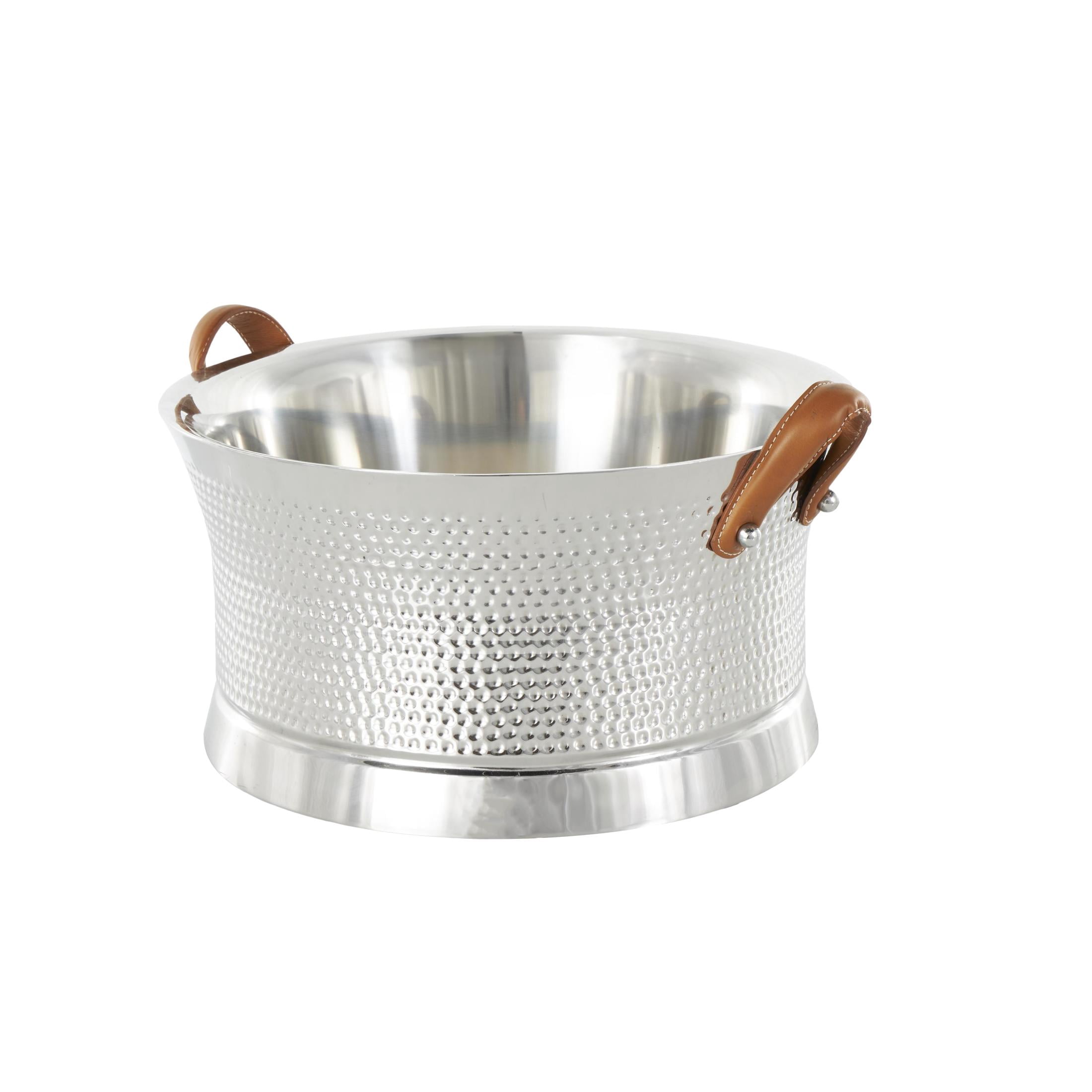 DecMode Round Stainless Steel Metal Hammered Silver Ice Bucket with Brown Leather Handles