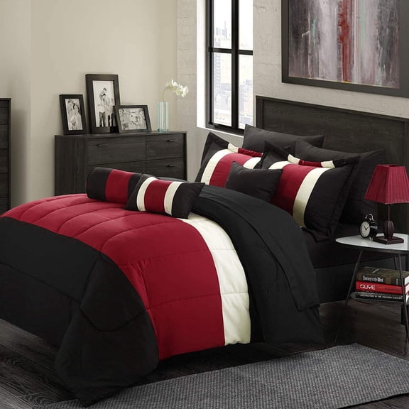 8-Piece Oversized Red & Black Comforter Set Bedding with Sheet Set (Queen Size)