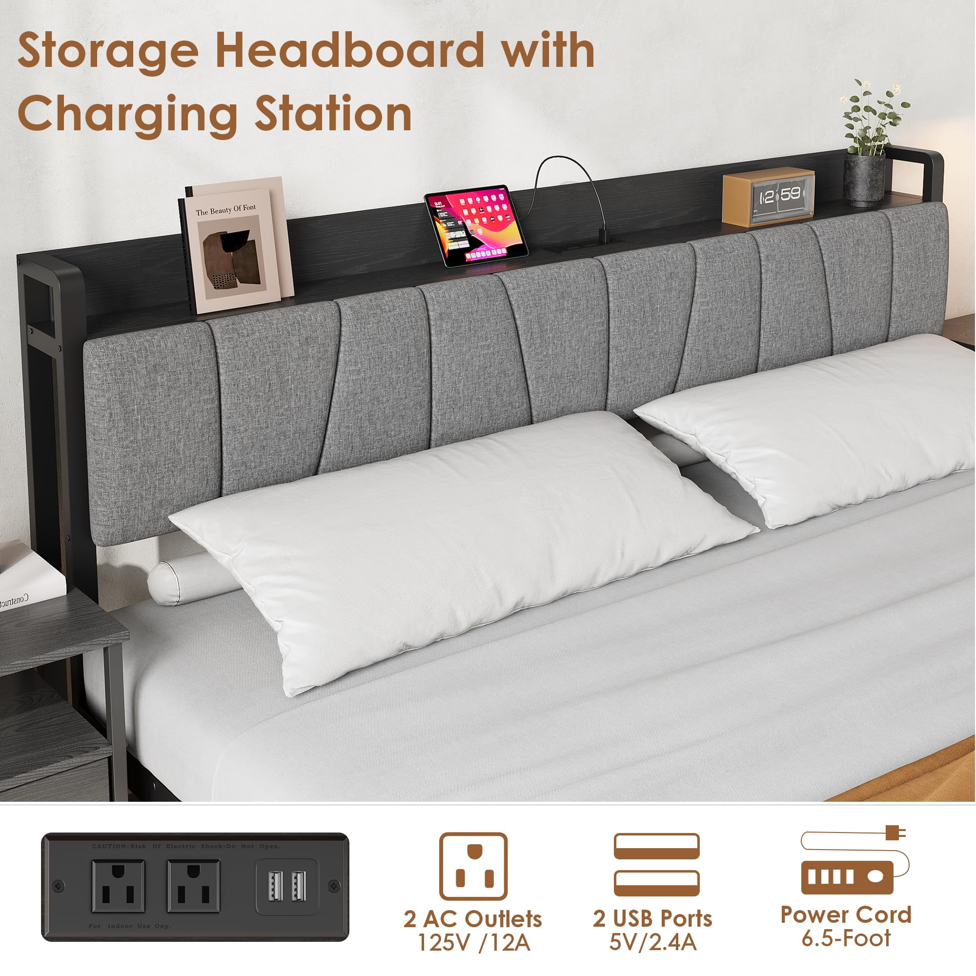 Queen Size Bed Frame with Storage Headboard, Black Queen Platform Bed with 2 Large Drawers and Charging Station, No Box Spring Needed Bedframe