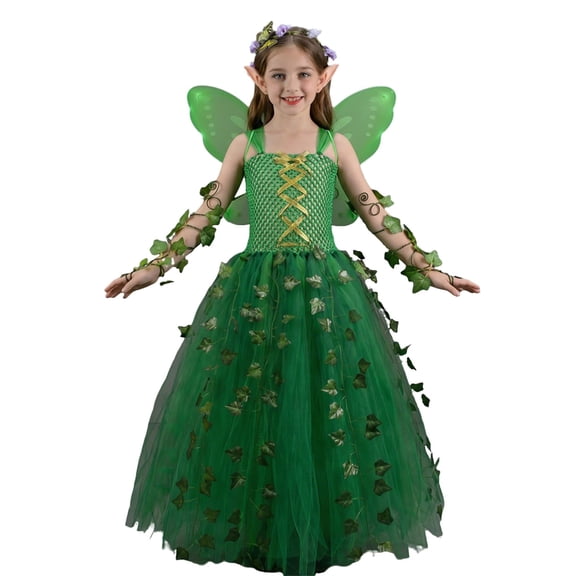Afdoent Princess Dress Up For Girls Halloween Green Fairy Dress Outfit Girls Birthday Party Halloween Dress Up Clothes 4-5 Years