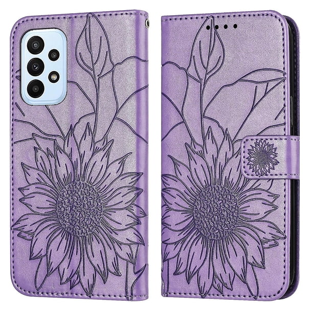 Funda tipo cartera con girasoles grabados para Samsung A32 4g, multifuncional, elegante y con protección total.
