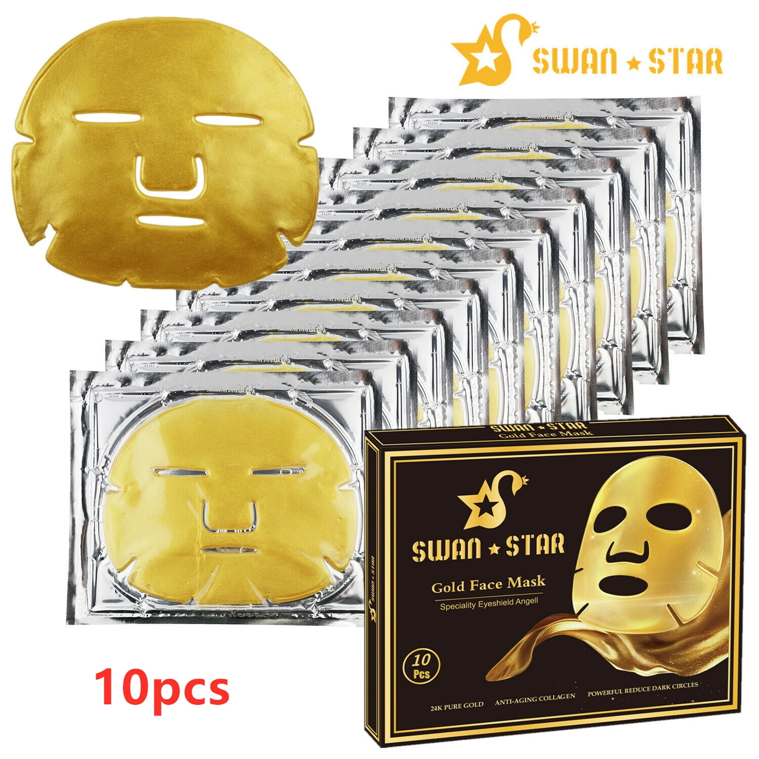 Swan Star 10pc 24K Gold Bio-Collagen Facial Mask Wrinkle Anti Aging Hydrating Face Masks