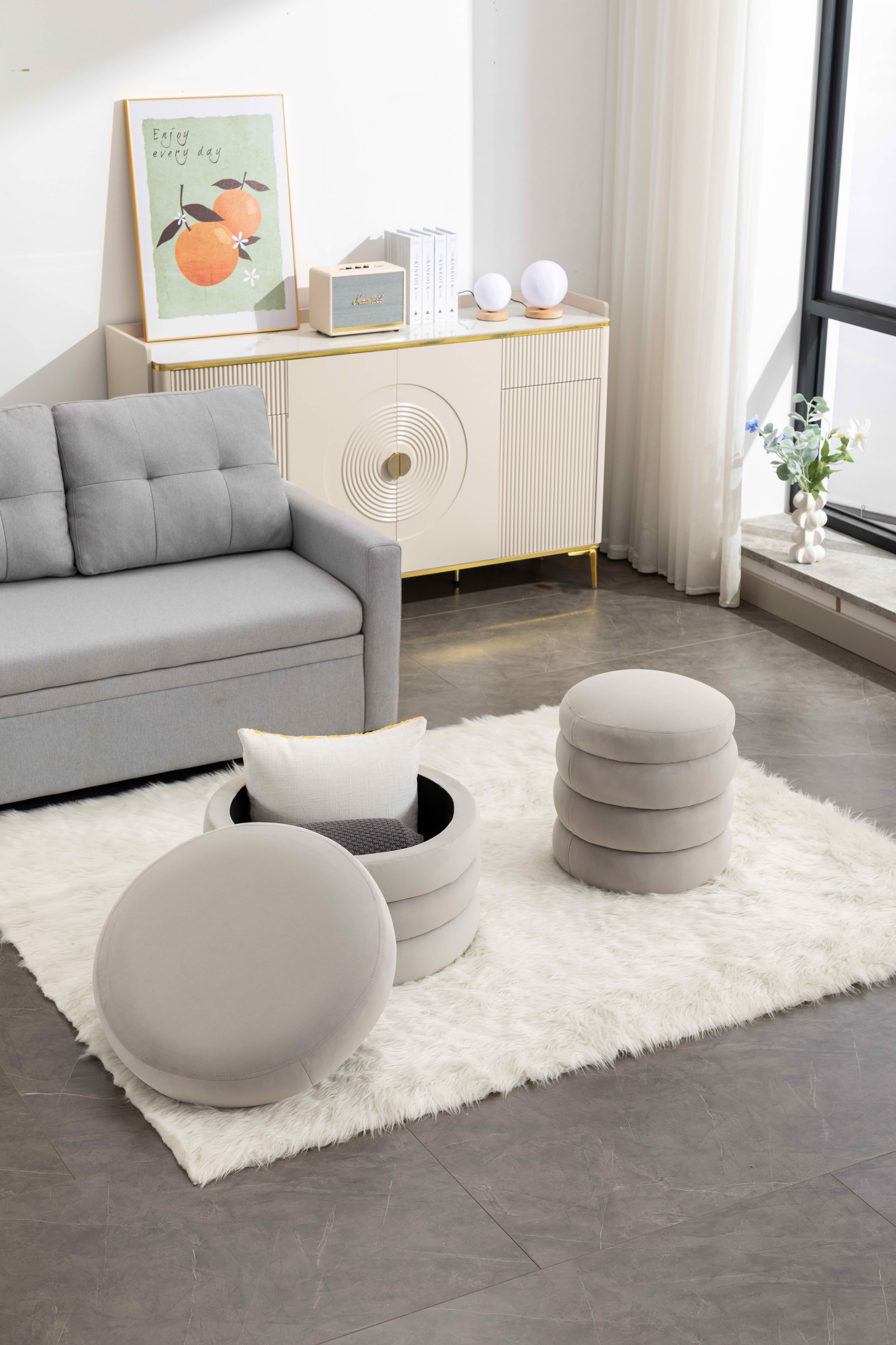 MAYEERTY Boucle Fabric Storage Round Ottoman Footrest Stool, with Wooden Shelving, Black