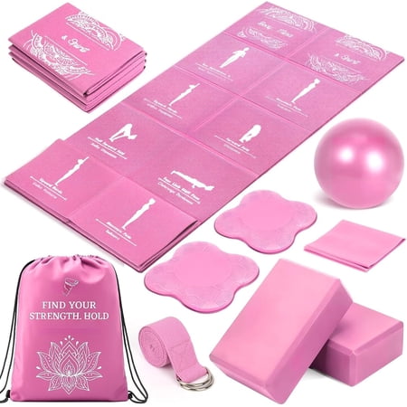 Foldable Yoga Mat and Blocks Set for Women with 2 Pack Yoga Blocks and Strap,Thin Non Slip Pilates Mat with Bag, Workout Equipment Essentials Starter Kit for Beginners Full Toning