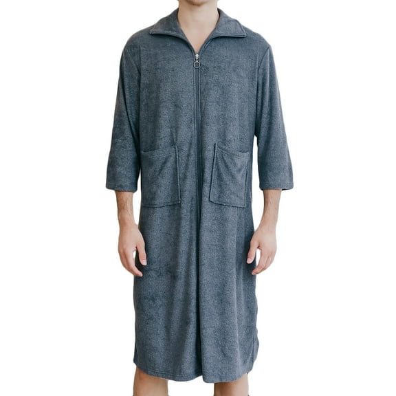 ShomPort Towel Bathrobes for Mens 3/4 Sleeve Fleece Turn Down Zip Up Long Robes with Pockets Soft Breathable Sleepwear with Pockets