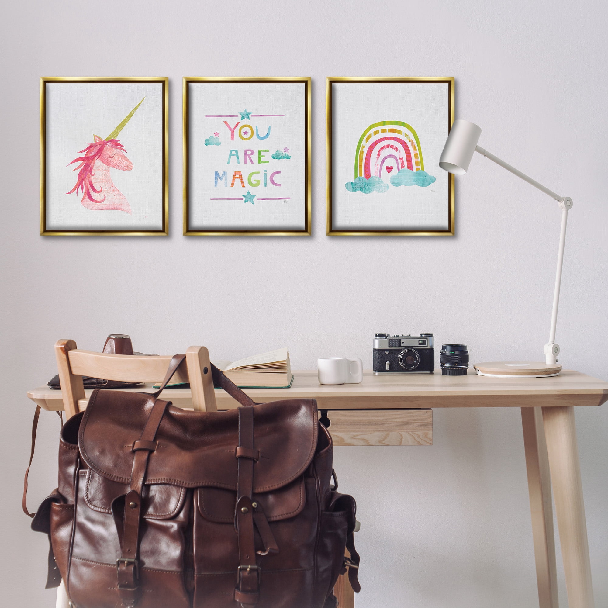 Stupell Industries You Are Magic Rainbow & Unicorn Art for Kids Painting Gold Floater Framed Canvas Art Print Wall Art, 17 x 21, Set of 3