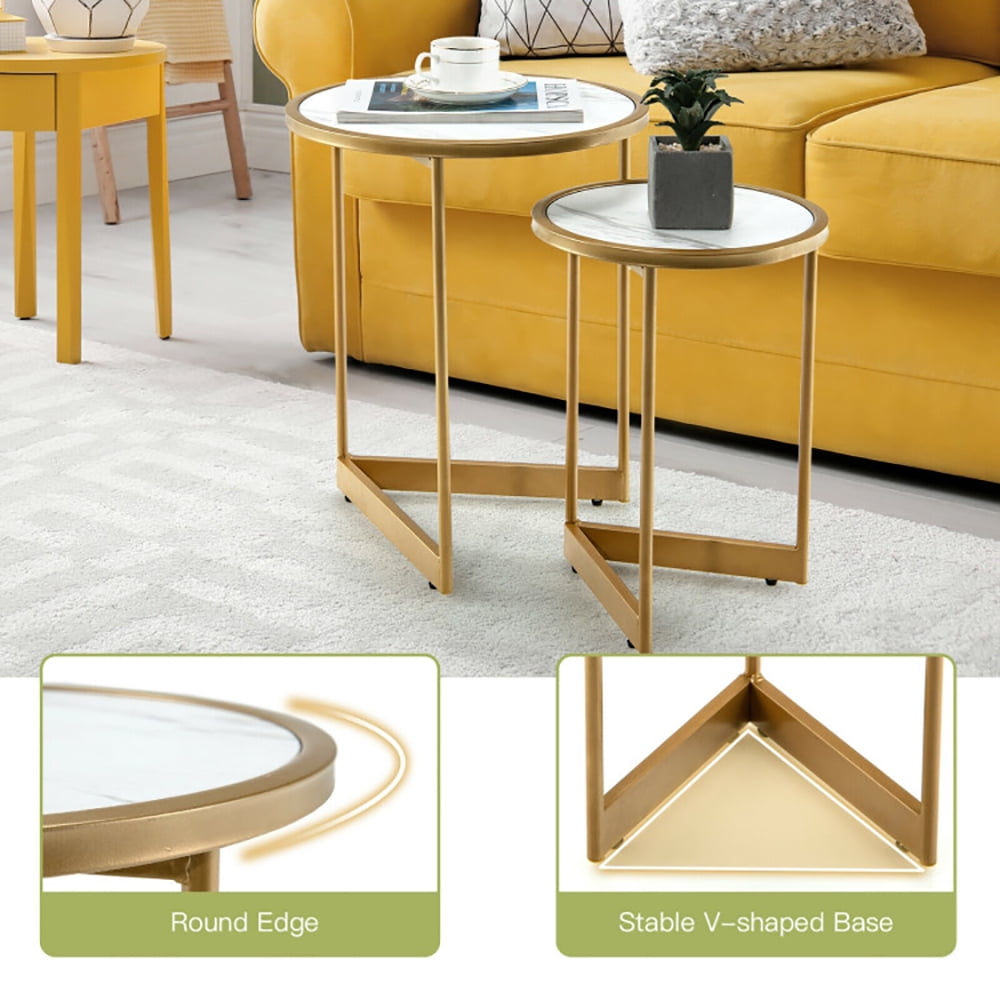 Finihen Round Nesting Coffee Table, Modern Nesting Side Set, Round Nesting Table Set of 2 with Marble-like Tabletop, for Living Room, Bedroom, Reception Room, White Finihen Round Nesting Coffee Table, Modern Nesting Side Set, Round Nesting Table Set of 2 with Marble-like Tabletop, for Living Room, Bedroom, Reception Room, White