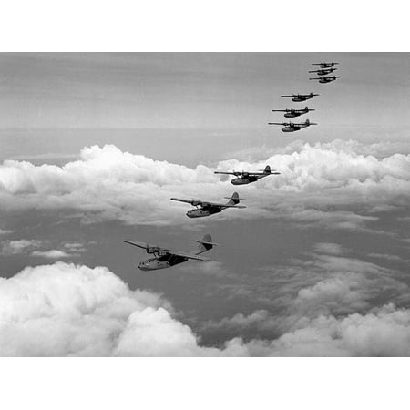 LAMINATED POSTER Nine U.S. Navy Consolidated PBY-5 Catalina patrol bombers fly in formation in the Hawaiian area, cir Poster Print 24 x