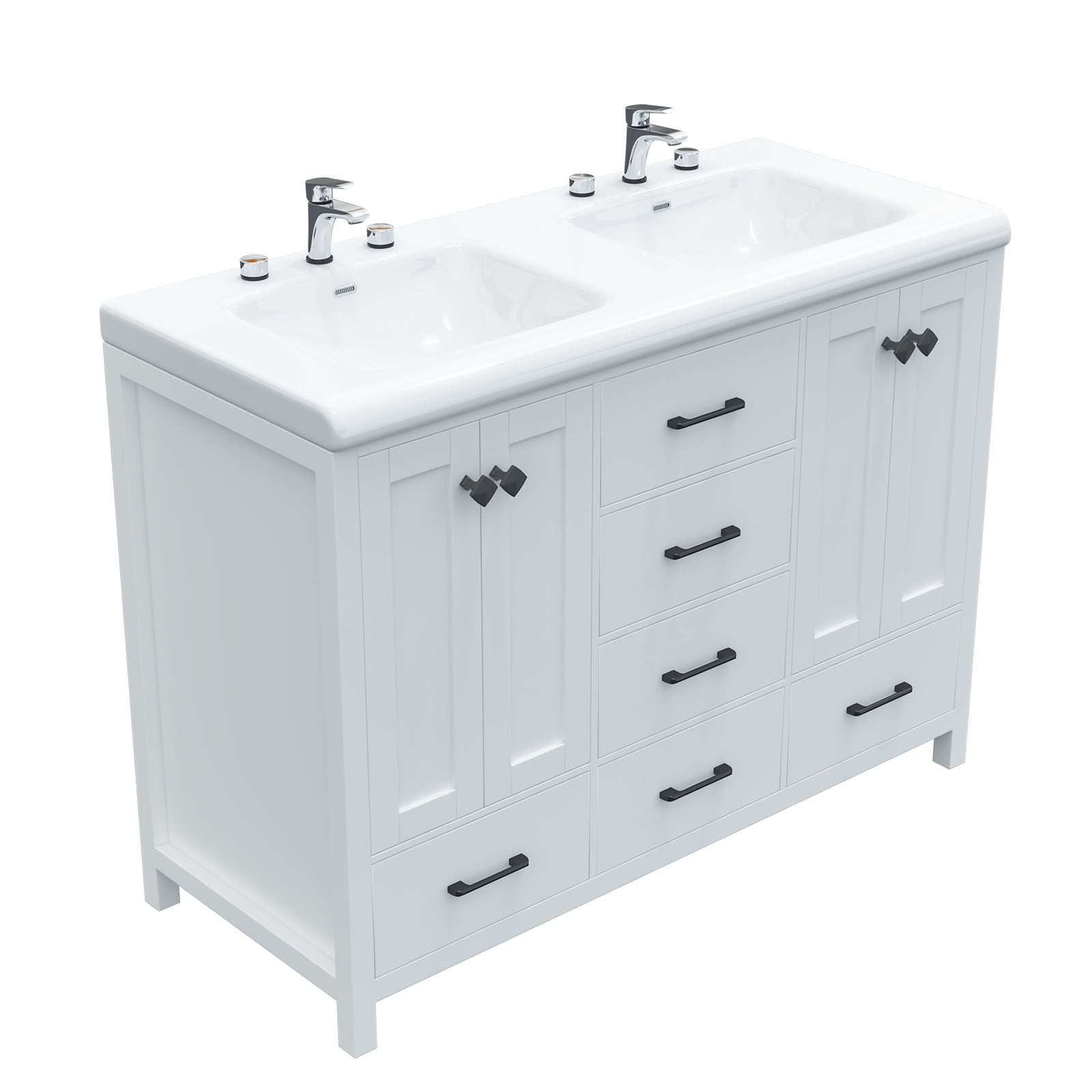 Jarbalai 47" Freestanding Bathroom Vanity with Double Ceramic Basin and 5 Drawers and 2 Cabinets, White