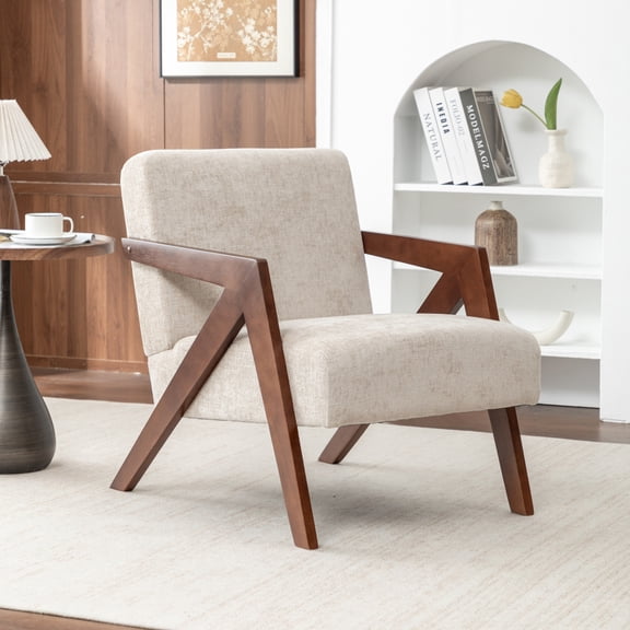 Mid-Century Accent Chair Linen Fabric Wood Frame, Upholstered Reading Armchair
