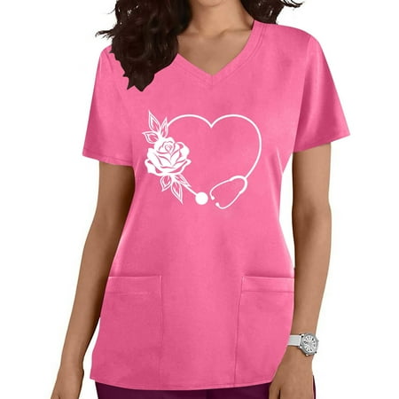 

Funicet Savings Clearance 2023! Womens Plus Size Scrubs Tops Short-Sleeve Nurse Uniform V Neck Working Uniform Cute Floral Printed T-Shirts Casual Blounce w/Pockets