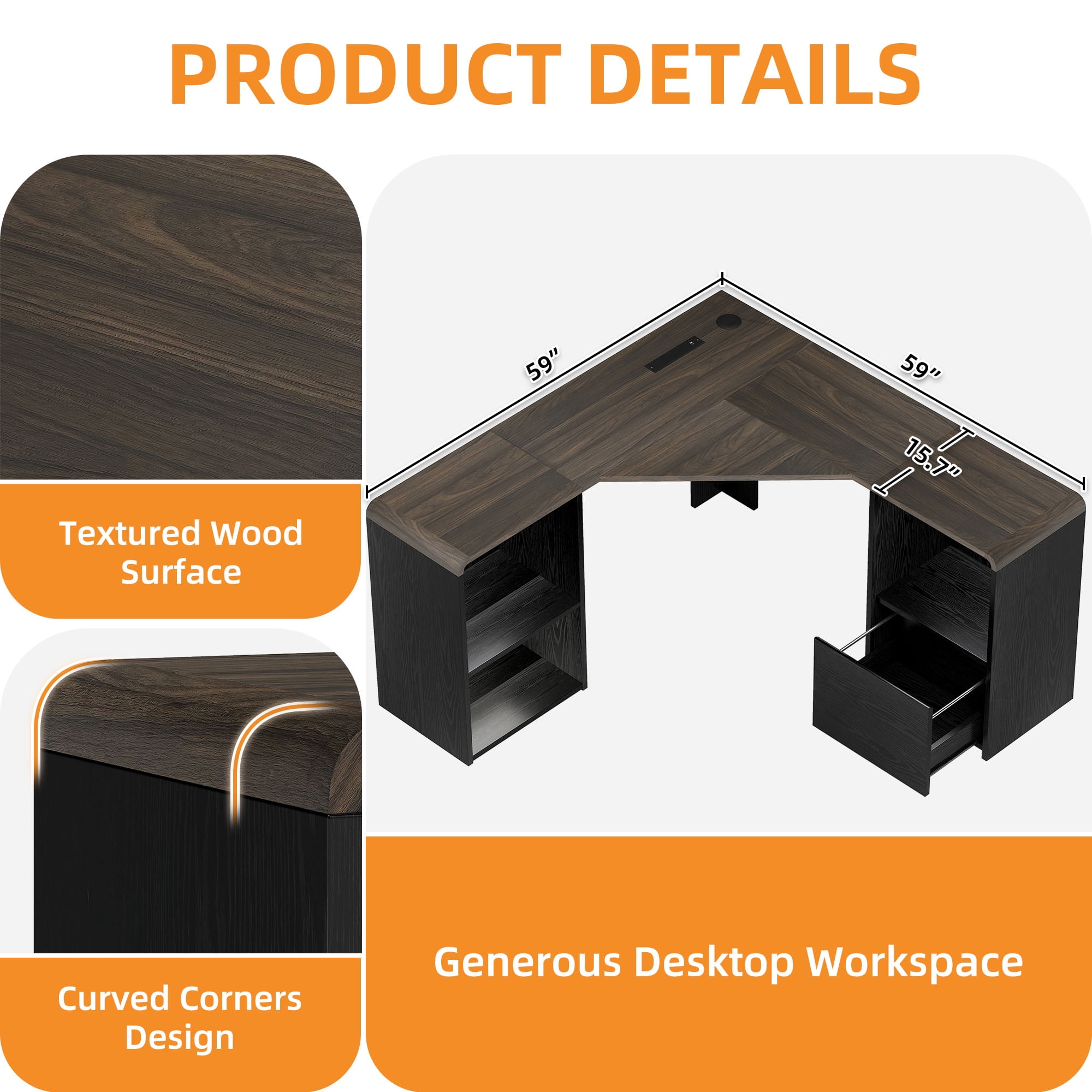 Homiflex L Shaped Desk with File Drawer 59" Modern Corner Computer Desk with Storage L Shape Home Office Desk Executive Desk with Power Outlets Storage Shelves File Cabinet for Working Writing, Black