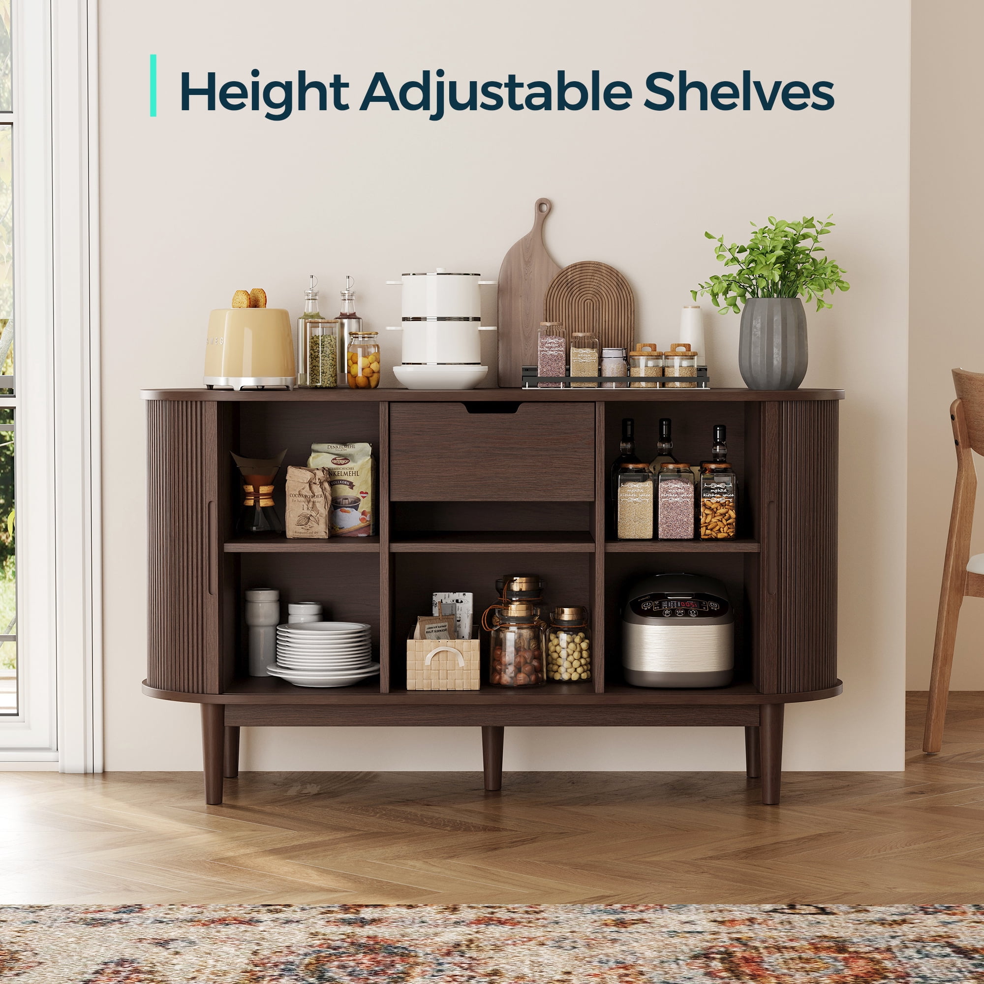 LINSY HOME Fluted Pantry Storage Cabinet, Kitchen Cabinets with Sliding Tambour Door, Wide Storage Cabinet with Removable & Adjustable Shelves for Dining Room, Living Room, Bathroom, Walnut