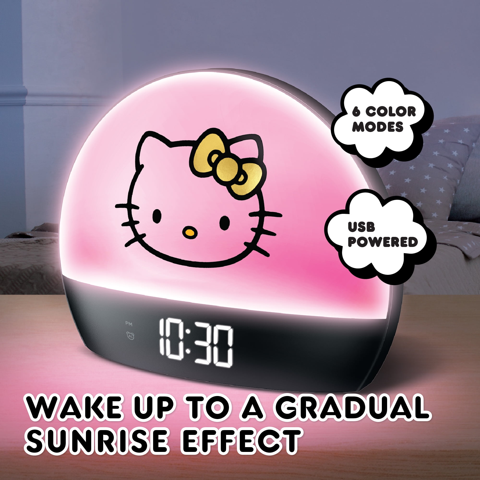 Hello Kitty Sunrise Alarm Clock - Multicolor Lights, USB Charging, LED Display, and Snooze Function