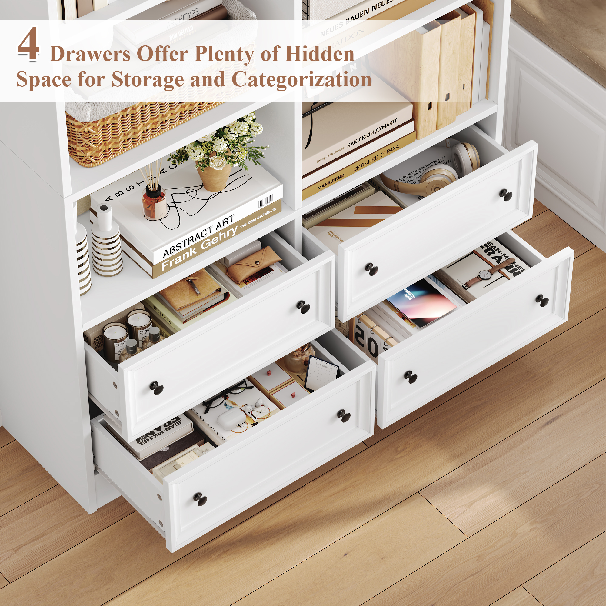 Homfa Double Row 6-Tier Bookcase with Drawers, 71 Inch, White photo 5
