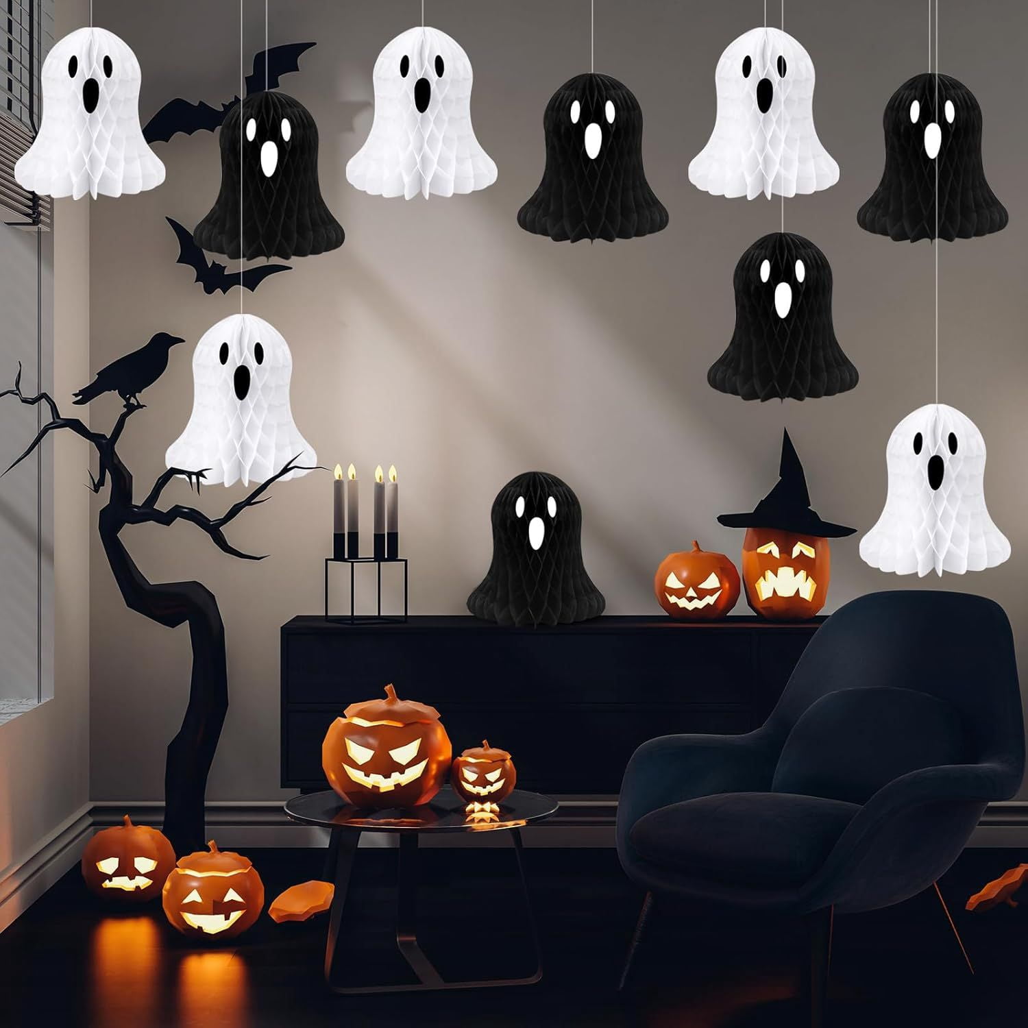 10 Pack Hanging Ghost Honeycomb Paper Decorations for Halloween Party