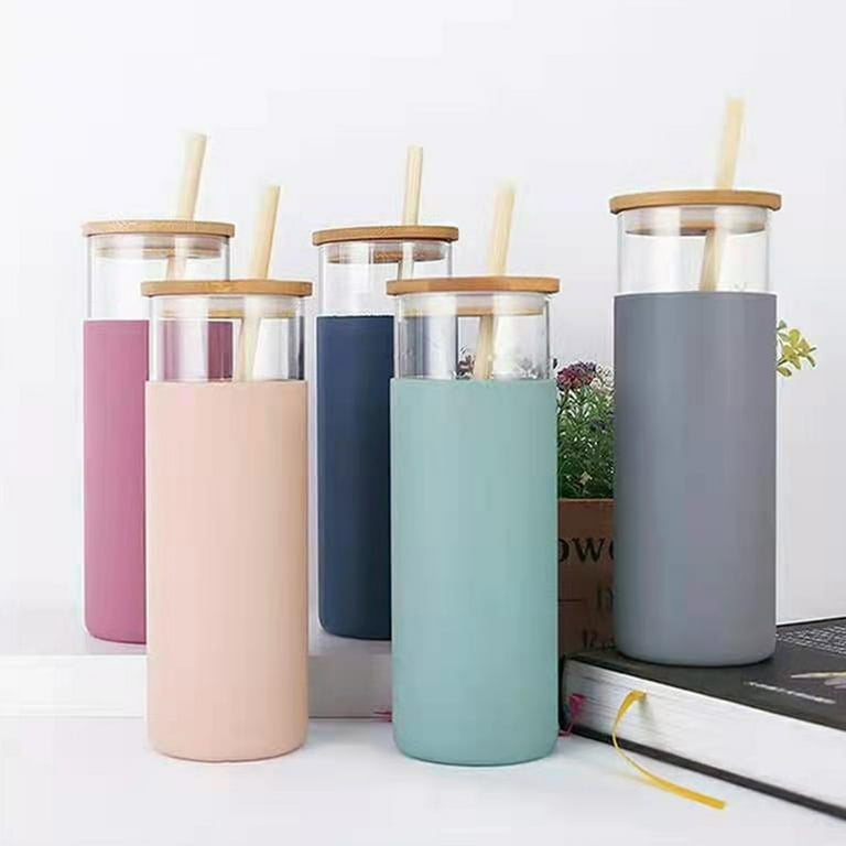 Travelwant 500ml Glass Water Bottle with Bamboo Lid and Straw, Wide Mouth Water Tumbler Drinking Cups, Straw Silicone Protective Sleeve BPA Free, Size