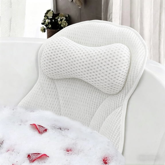 White 3D Air Mesh Fabric Bath Pillows, Non-Slip, Suction Cups, Head Neck Support