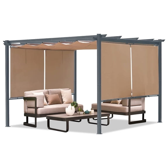 Aoodor 12x10 ft Outdoor Pergola with Retractable Canopy & 4 Roller Curtains, Dark Gray Aluminum Frame, Dark Brown